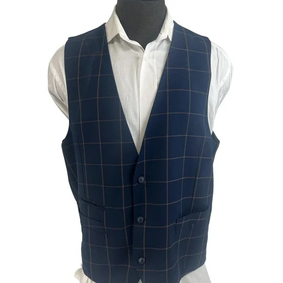 Steven‎ Land Suit 3 Piece 44L 36x30 Blue Henry Windowpane Plaid Dressy